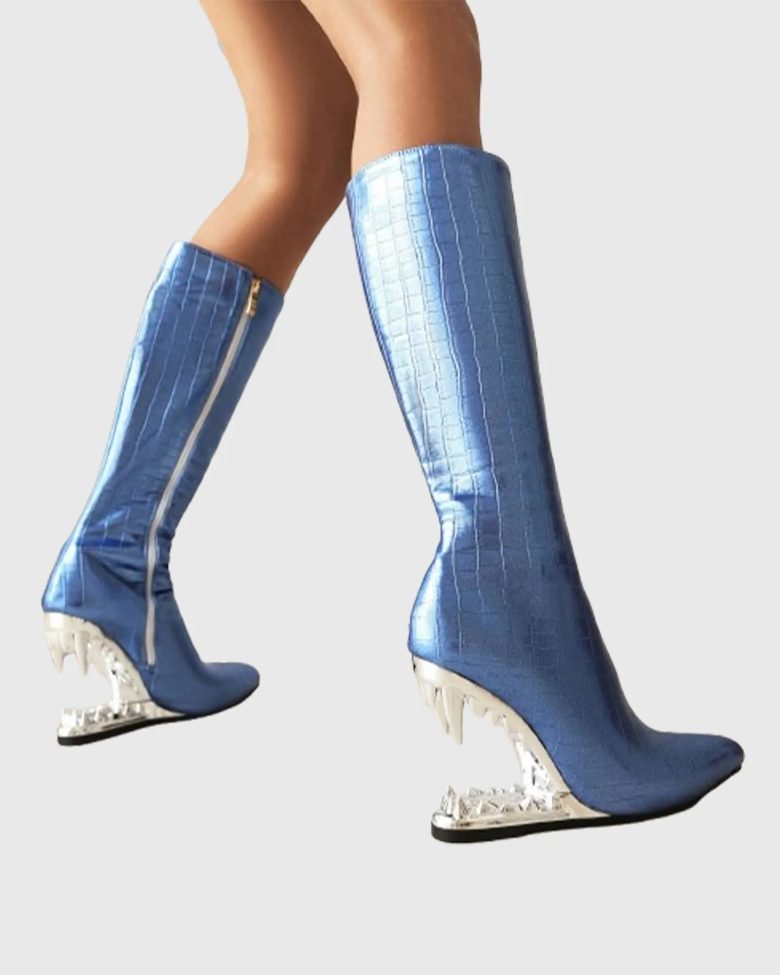 Antonia Wolf Tooth Crocodile Print Knee High Boots In Blue