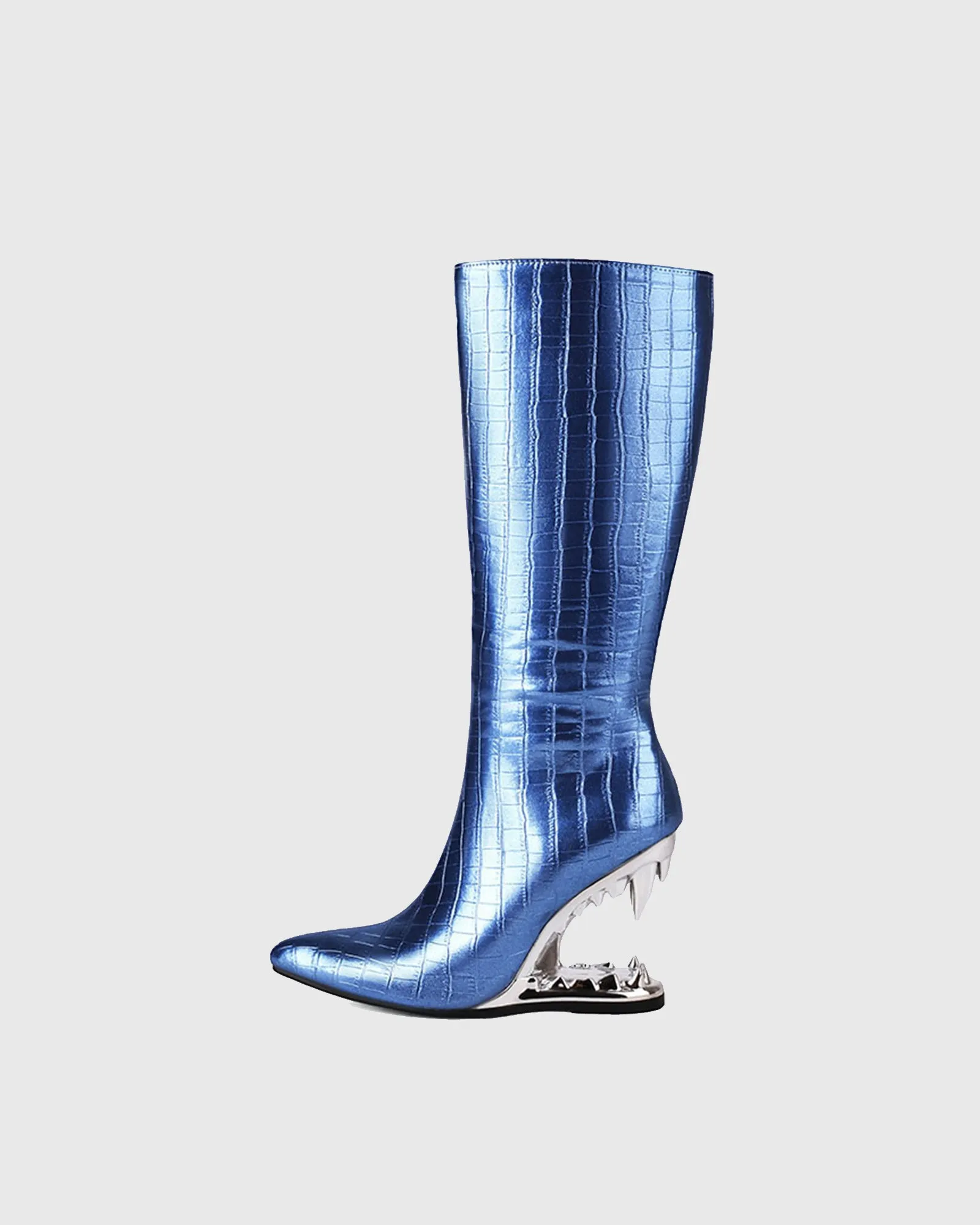 Antonia Wolf Tooth Crocodile Print Knee High Boots In Blue