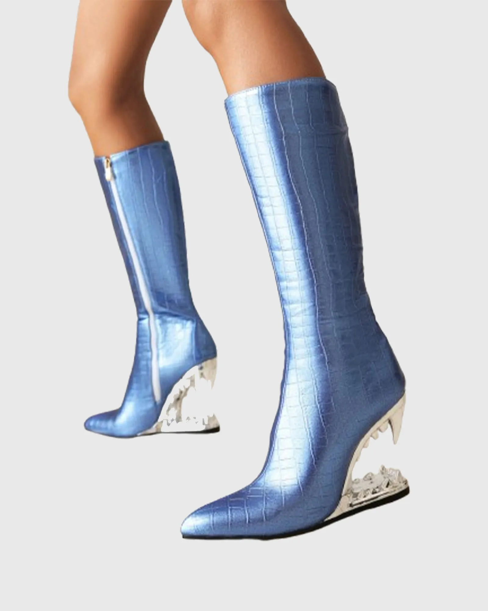 Antonia Wolf Tooth Crocodile Print Knee High Boots In Blue