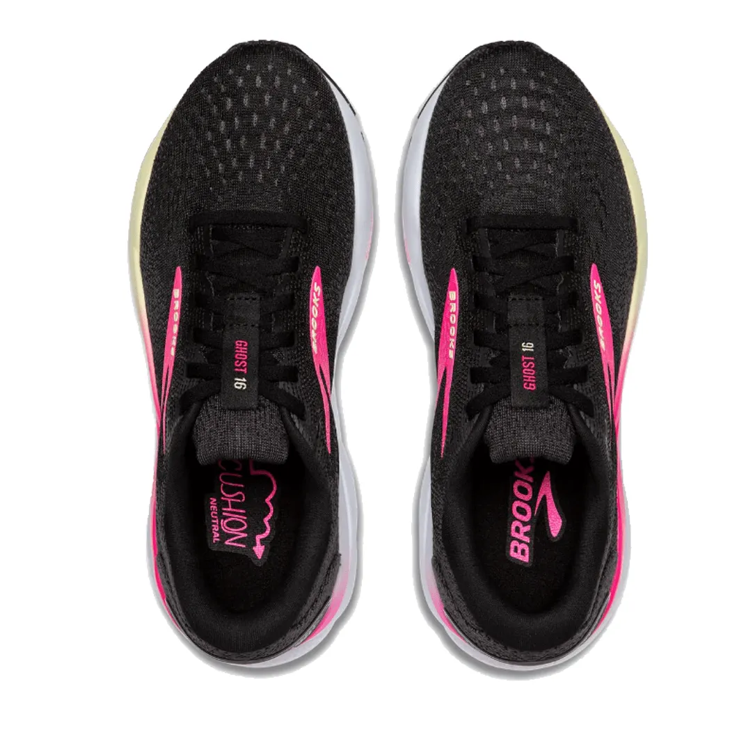Brooks Women's Ghost 16 Running Shoes D Width (Wide Fit) in Black/Pink/Yellow AW24