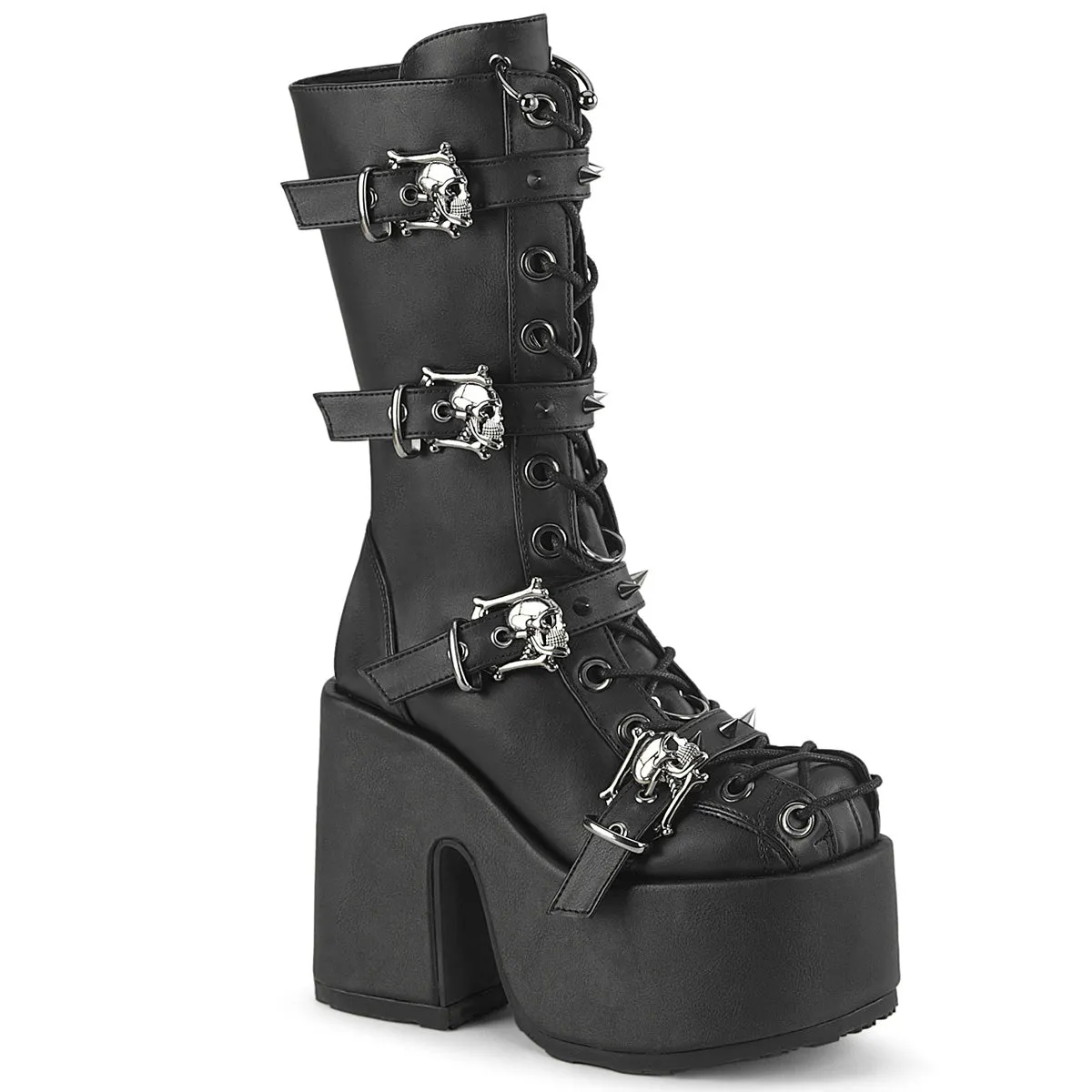 DemoniaCult Camel 115 Womens 5" Heel, Platform Front Lace Calf Length Boots with Buckles