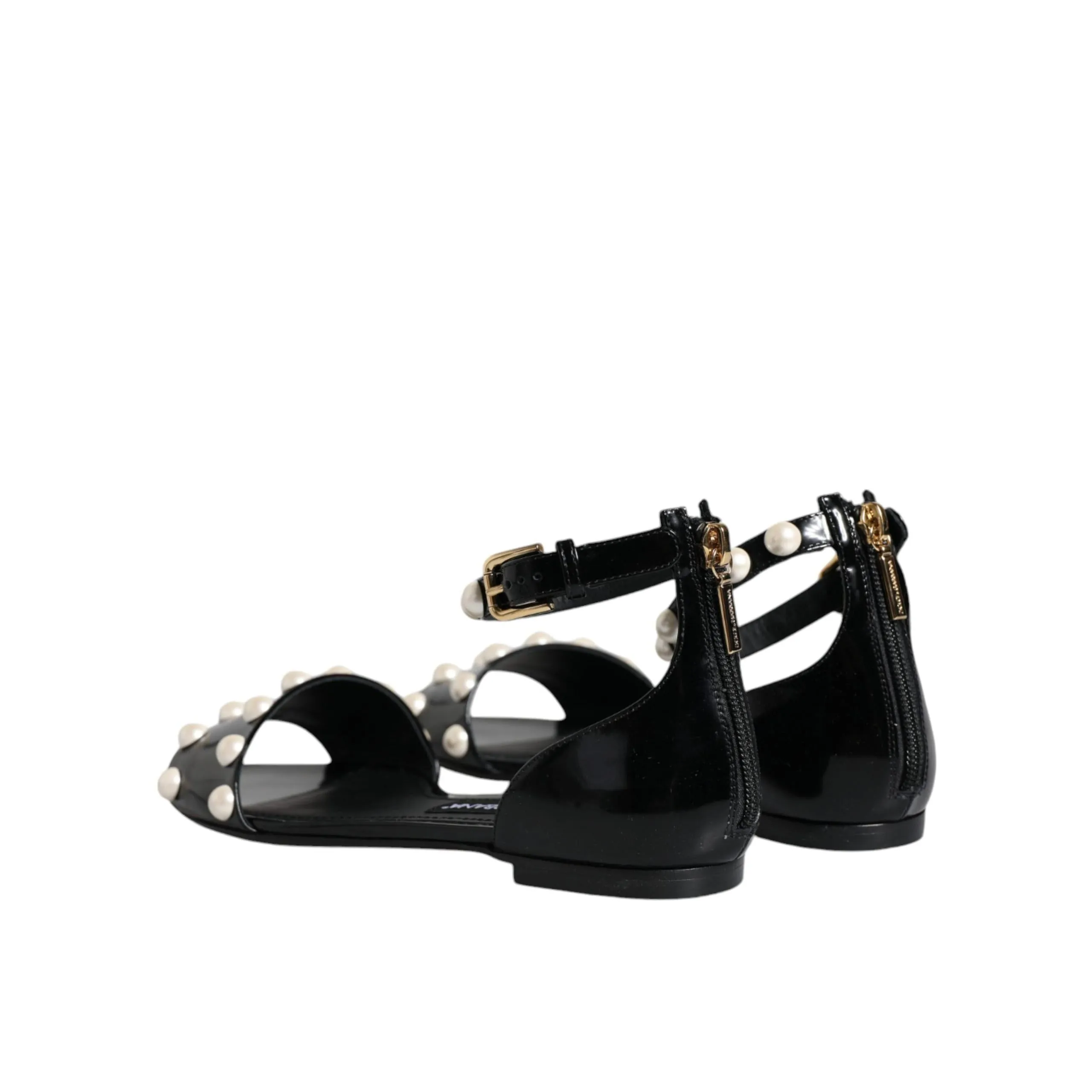 Dolce & Gabbana Black Leather Pearls Ankle Strap Sandals Shoes