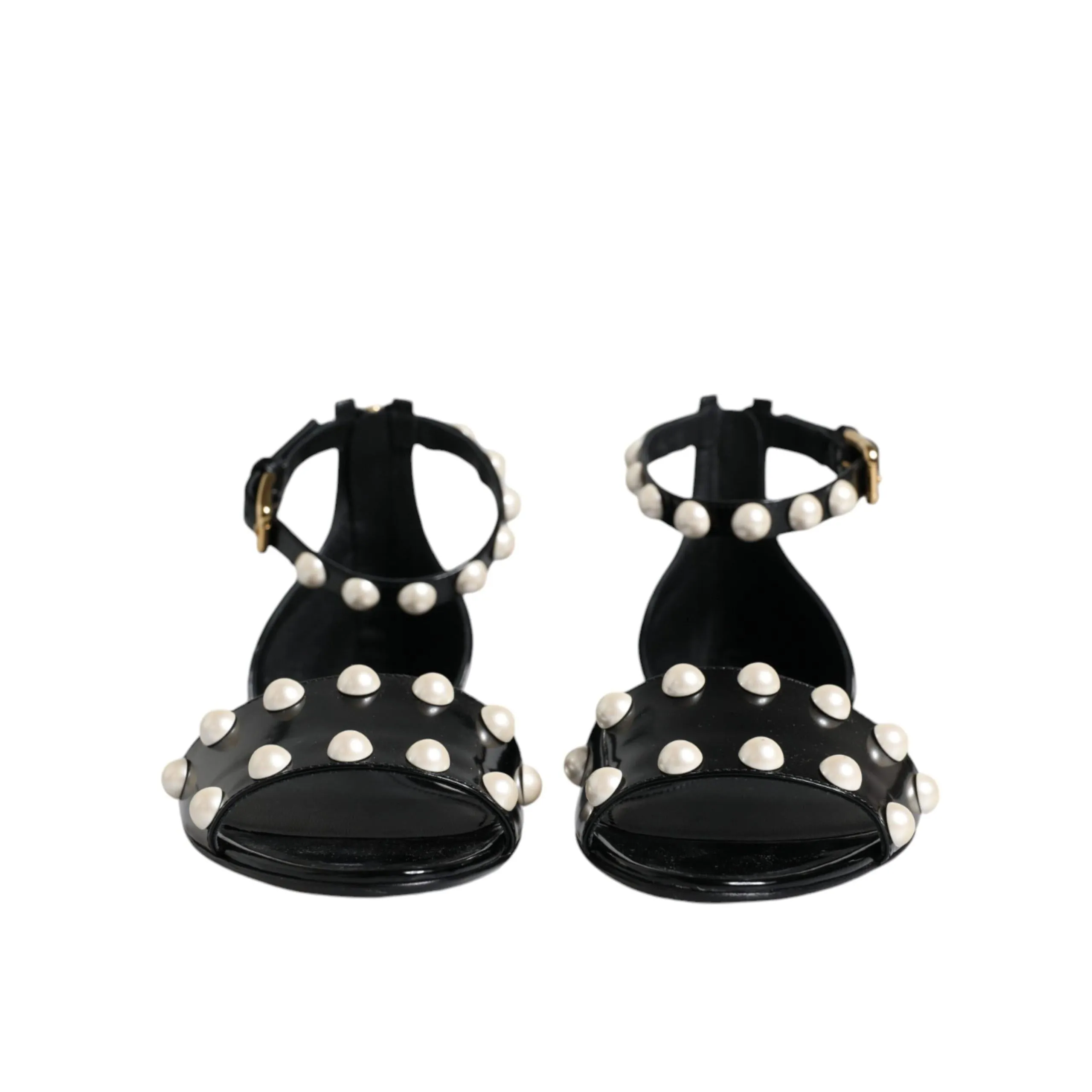 Dolce & Gabbana Black Leather Pearls Ankle Strap Sandals Shoes