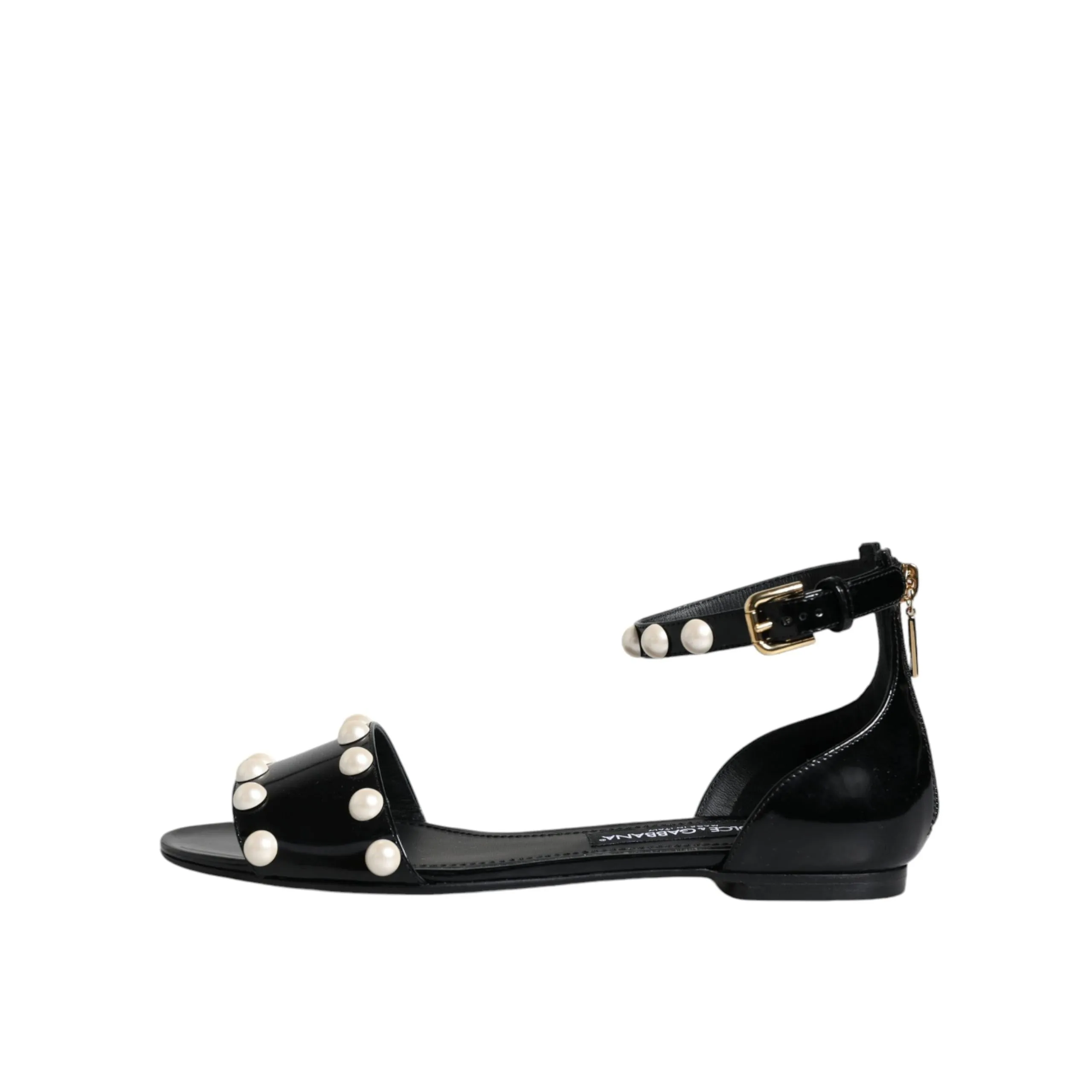 Dolce & Gabbana Black Leather Pearls Ankle Strap Sandals Shoes