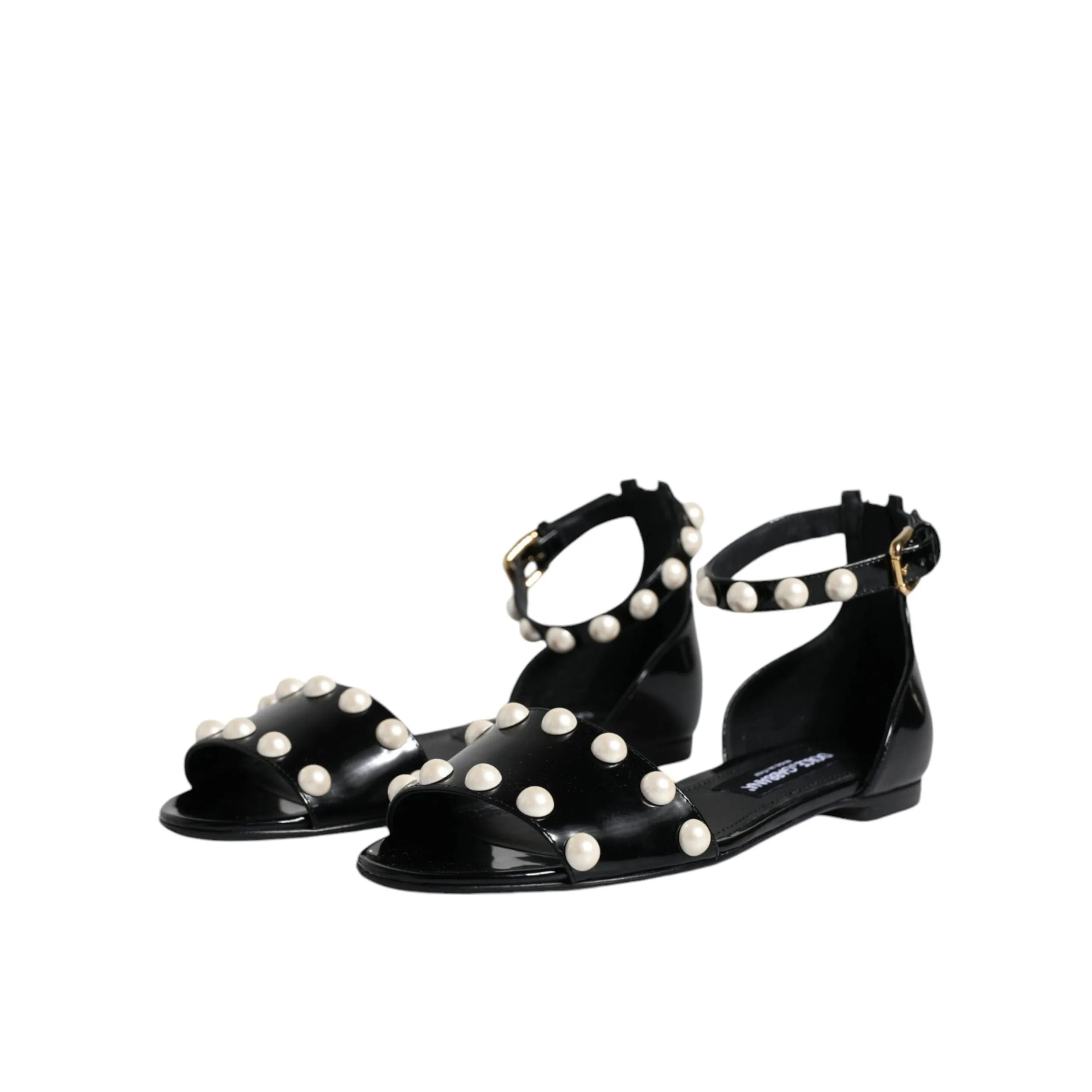 Dolce & Gabbana Black Leather Pearls Ankle Strap Sandals Shoes