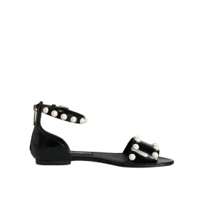 Dolce & Gabbana Black Leather Pearls Ankle Strap Sandals Shoes