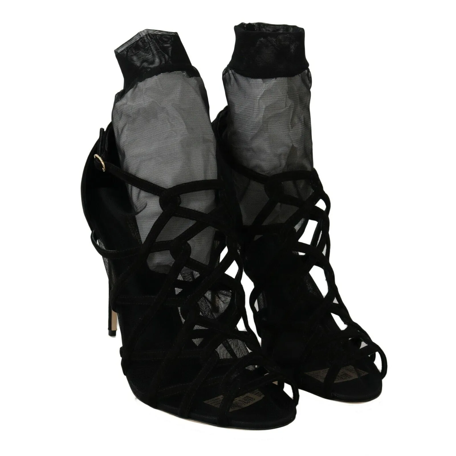 Dolce & Gabbana Black Suede Tulle Ankle Boot Sandals