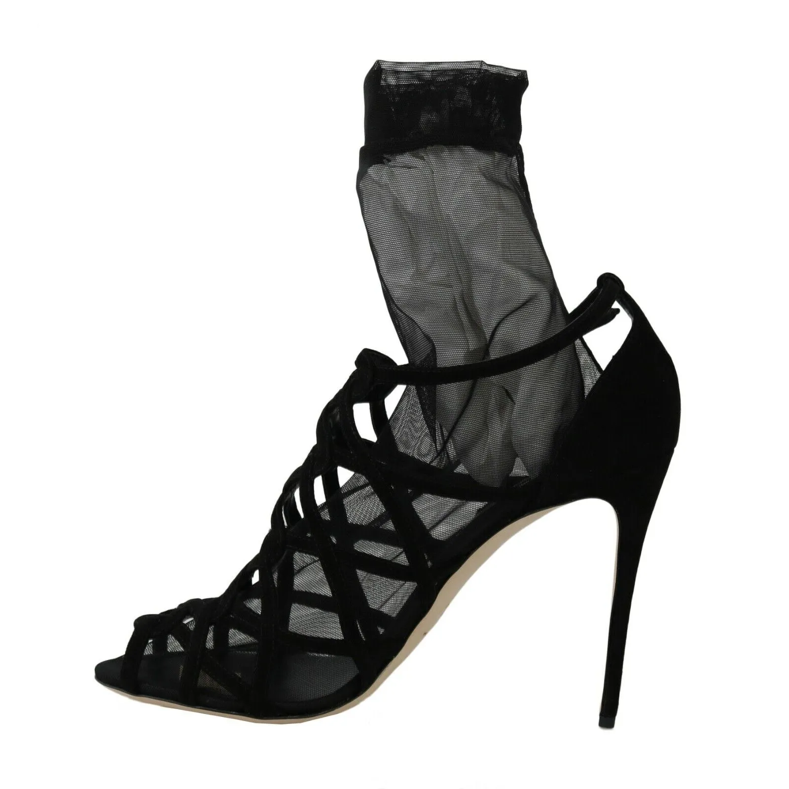 Dolce & Gabbana Black Suede Tulle Ankle Boot Sandals