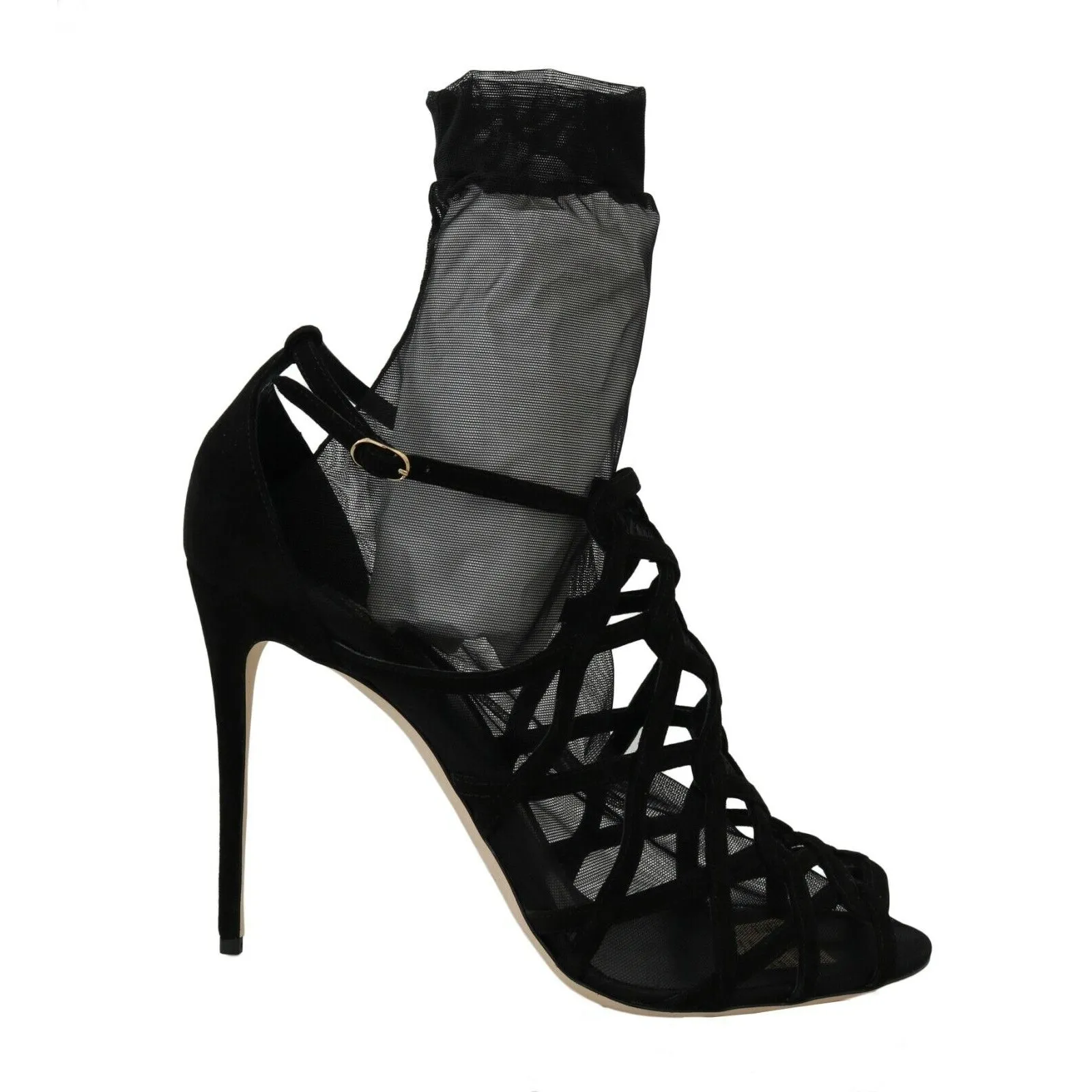 Dolce & Gabbana Black Suede Tulle Ankle Boot Sandals