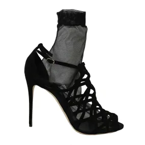 Dolce & Gabbana Black Suede Tulle Ankle Boot Sandals