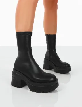 Jennie Black Drench PU Chunky Sole Heeled Ankle Boots