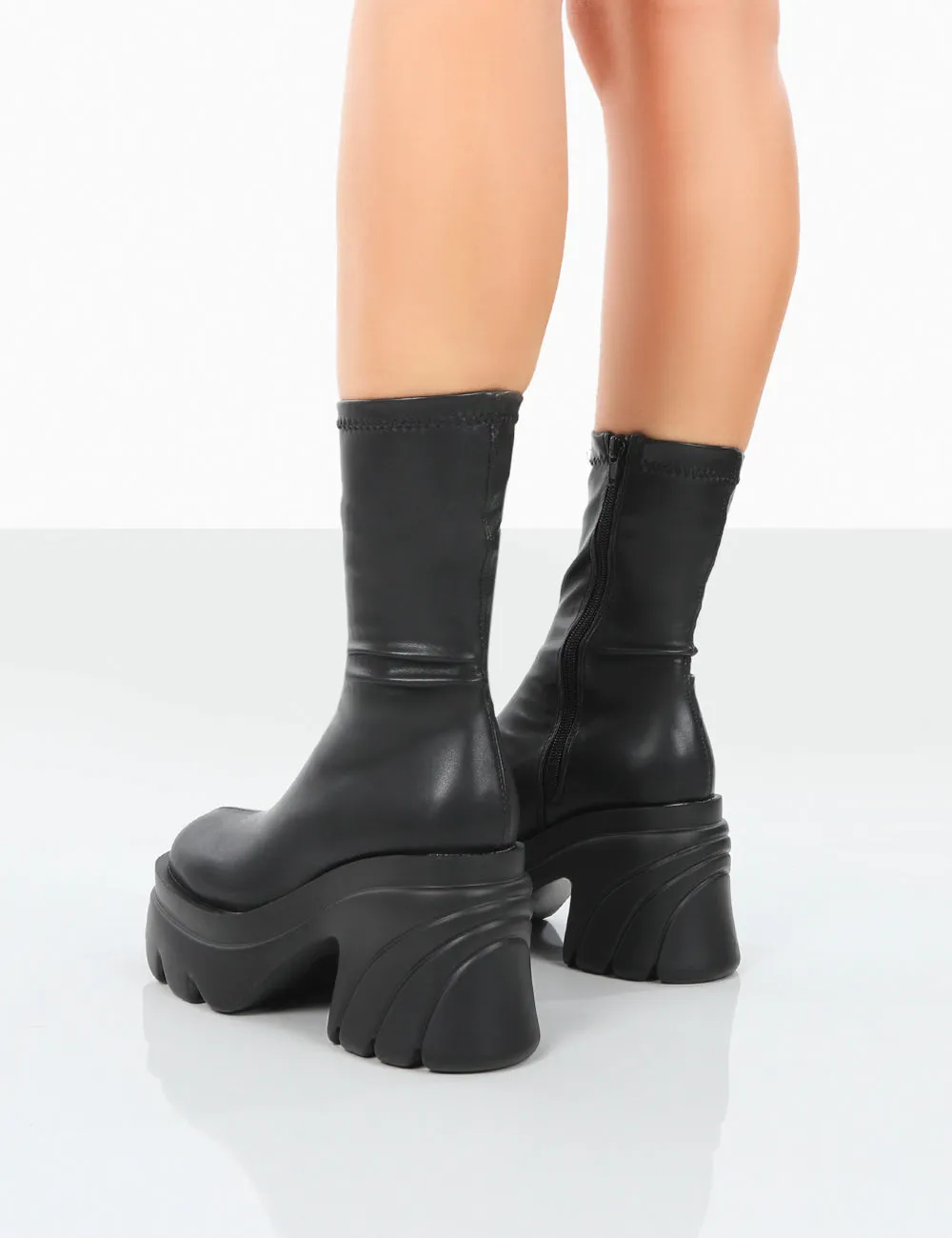 Jennie Black Drench PU Chunky Sole Heeled Ankle Boots