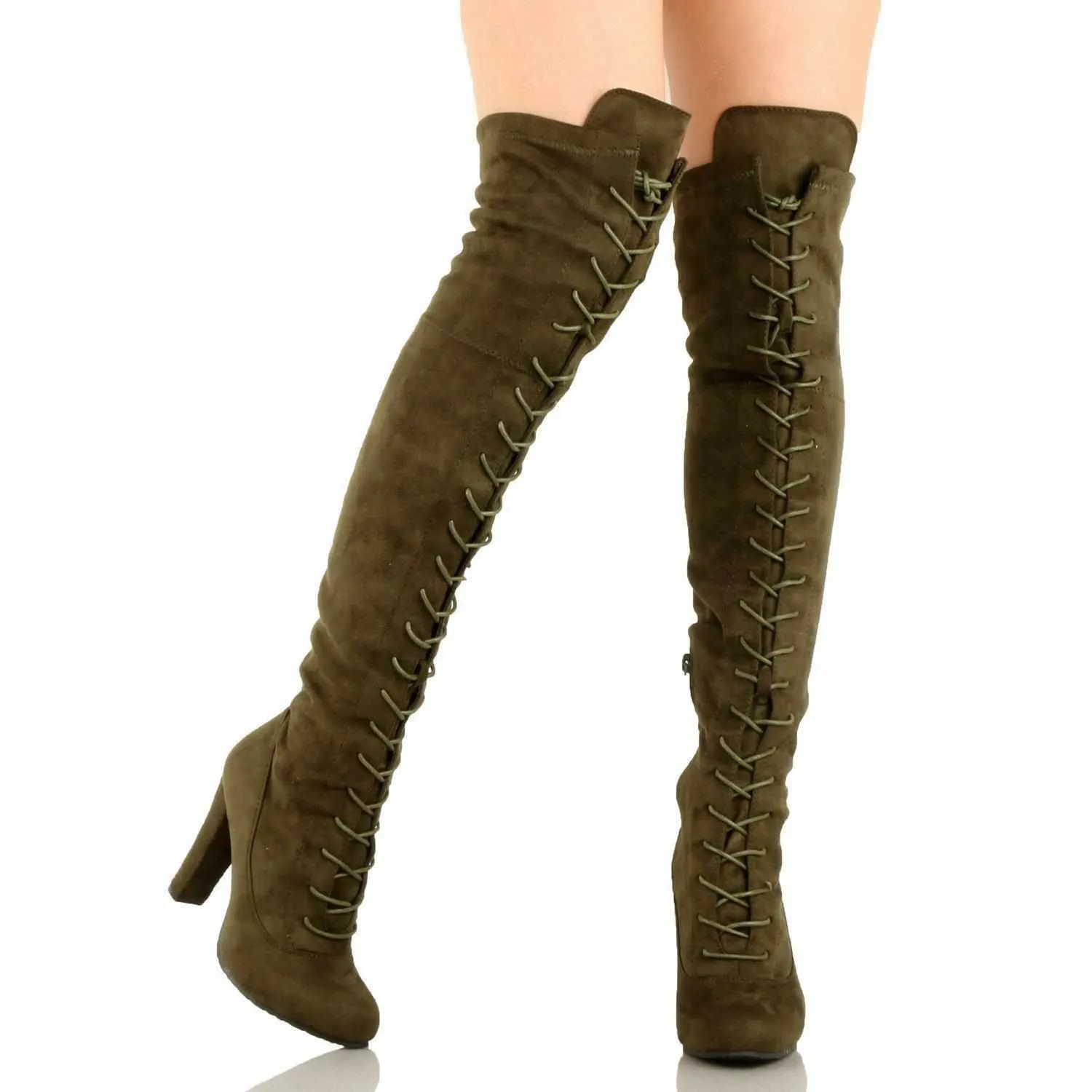 Ladies Hot Red Faux Suede Lace Up Knee High Boots