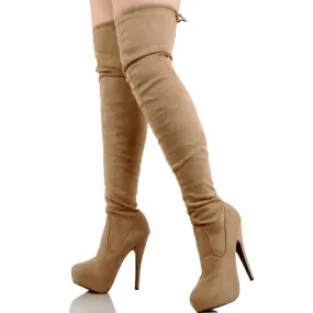 Ladies Hot Red Faux Suede Lace Up Knee High Boots