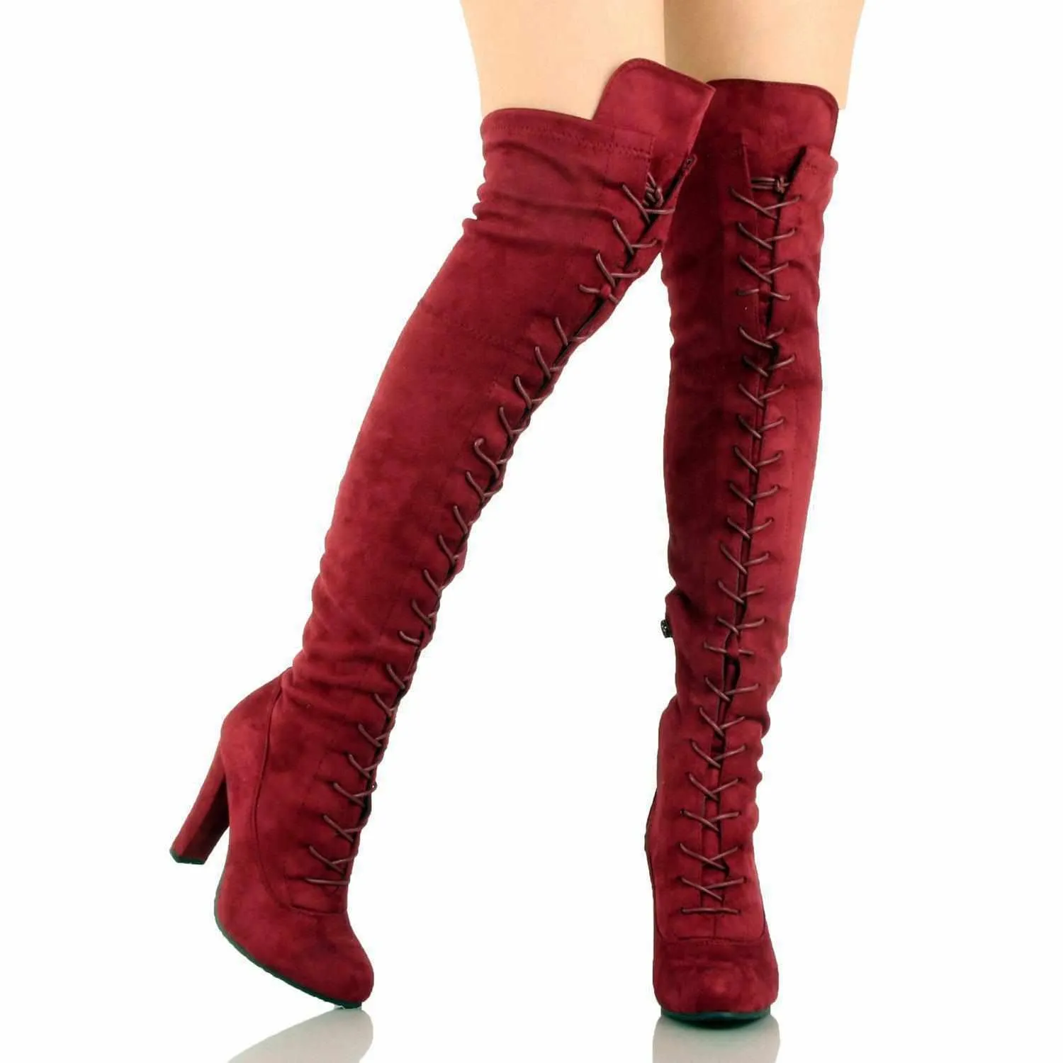 Ladies Hot Red Faux Suede Lace Up Knee High Boots
