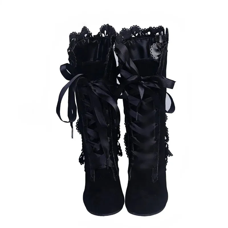 Steampunk Lace Ruffles Leather Suede High Heel Boots