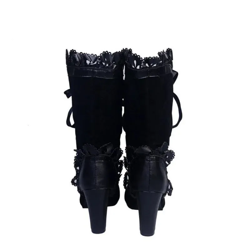 Steampunk Lace Ruffles Leather Suede High Heel Boots