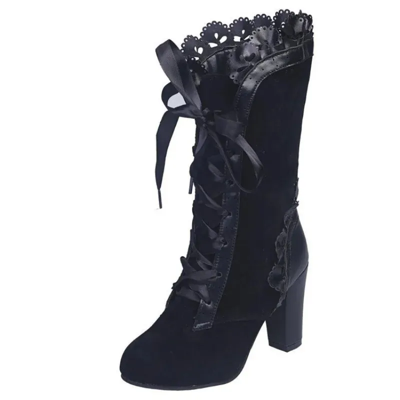 Steampunk Lace Ruffles Leather Suede High Heel Boots