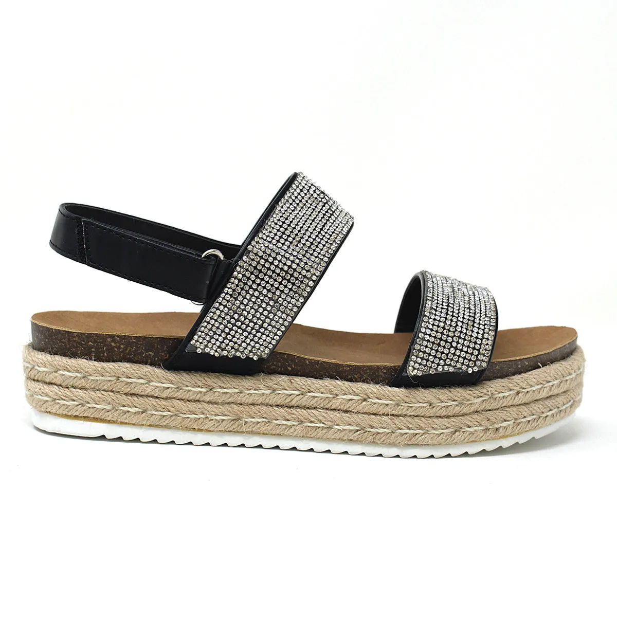 YOKI Women's CHIARA-12 Two Band Rhinestone Studded Espadrille Sandal
