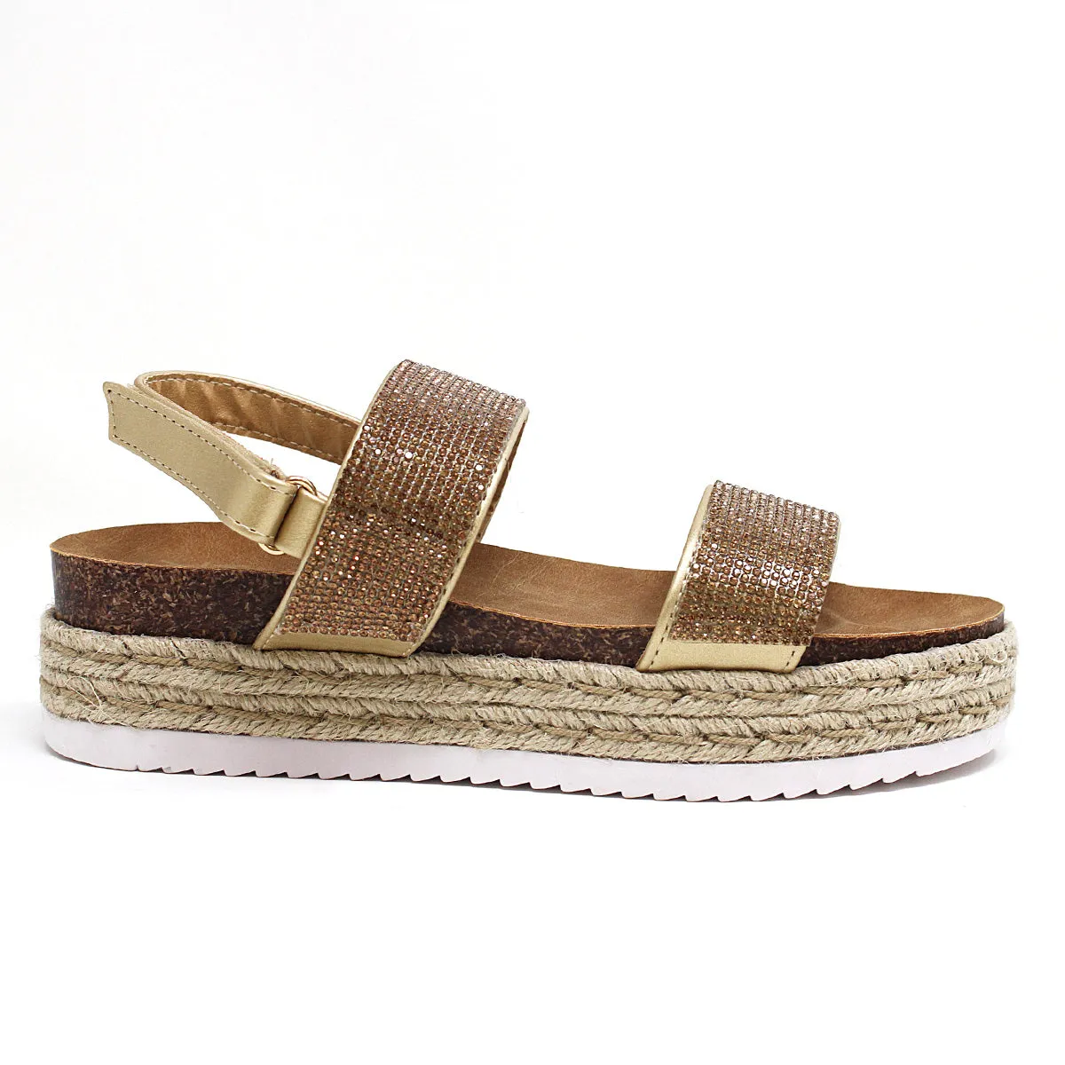YOKI Women's CHIARA-12 Two Band Rhinestone Studded Espadrille Sandal