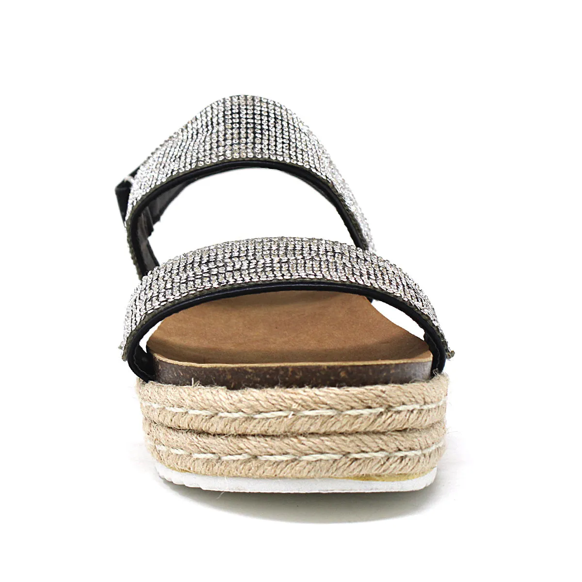 YOKI Women's CHIARA-12 Two Band Rhinestone Studded Espadrille Sandal