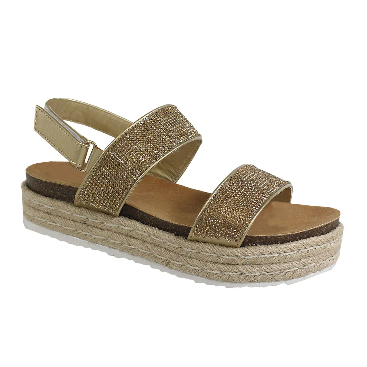 YOKI Women's CHIARA-12 Two Band Rhinestone Studded Espadrille Sandal